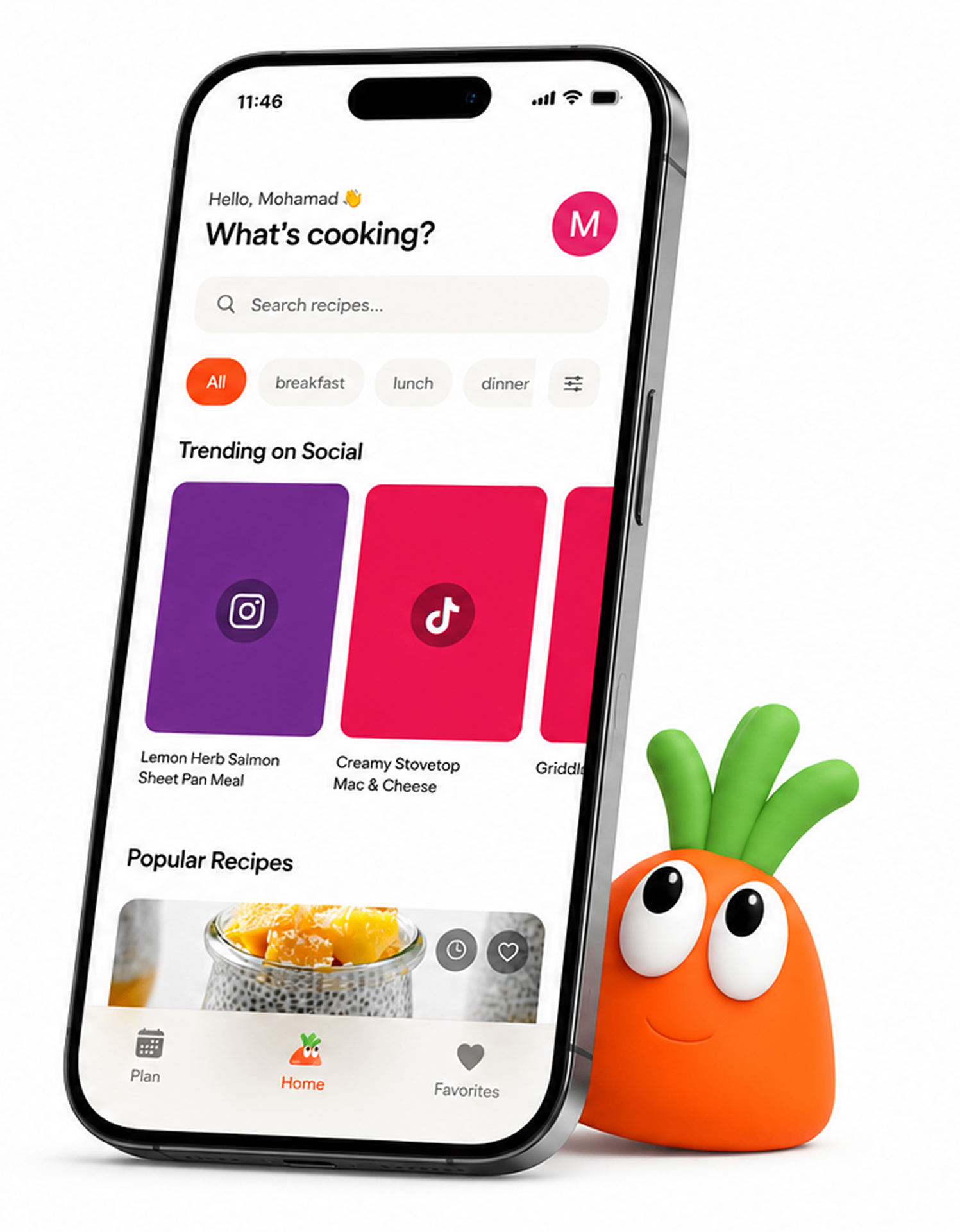 NumNum app screen with carrot mascot