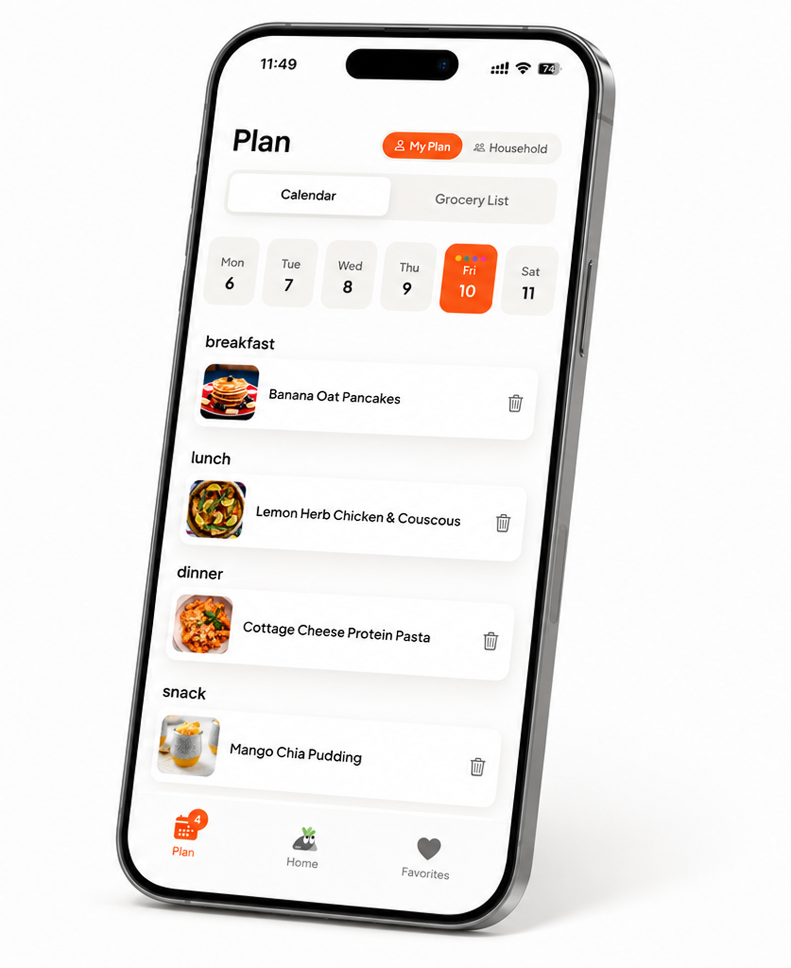 NumNum weekly meal planning screen